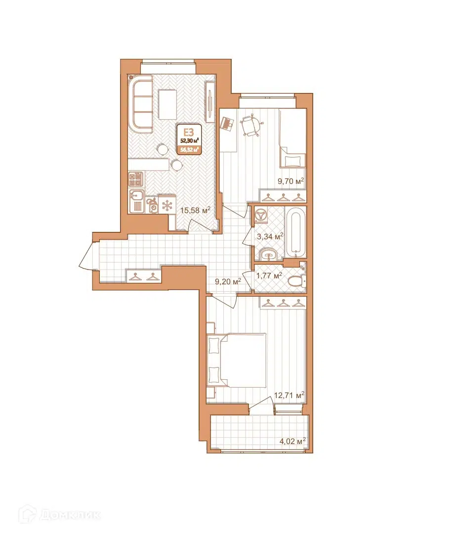 Купить 2-комнатную квартиру, 52.5 м² в ЖК Кулик по адресу Тула, 2-й  Клинской проезд, 8, недорого – Домклик