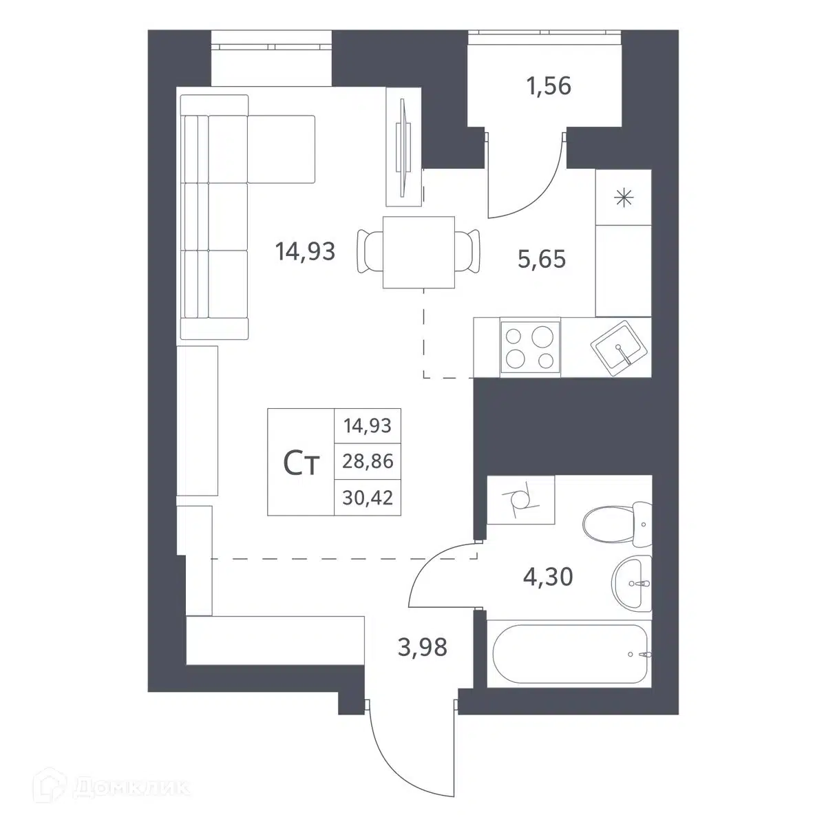 Купить студию, 28.86 м² в ЖК Основатели по адресу Новосибирск, улица имени  генерал-майора А.Н. Рожкина, 14, недорого – Домклик