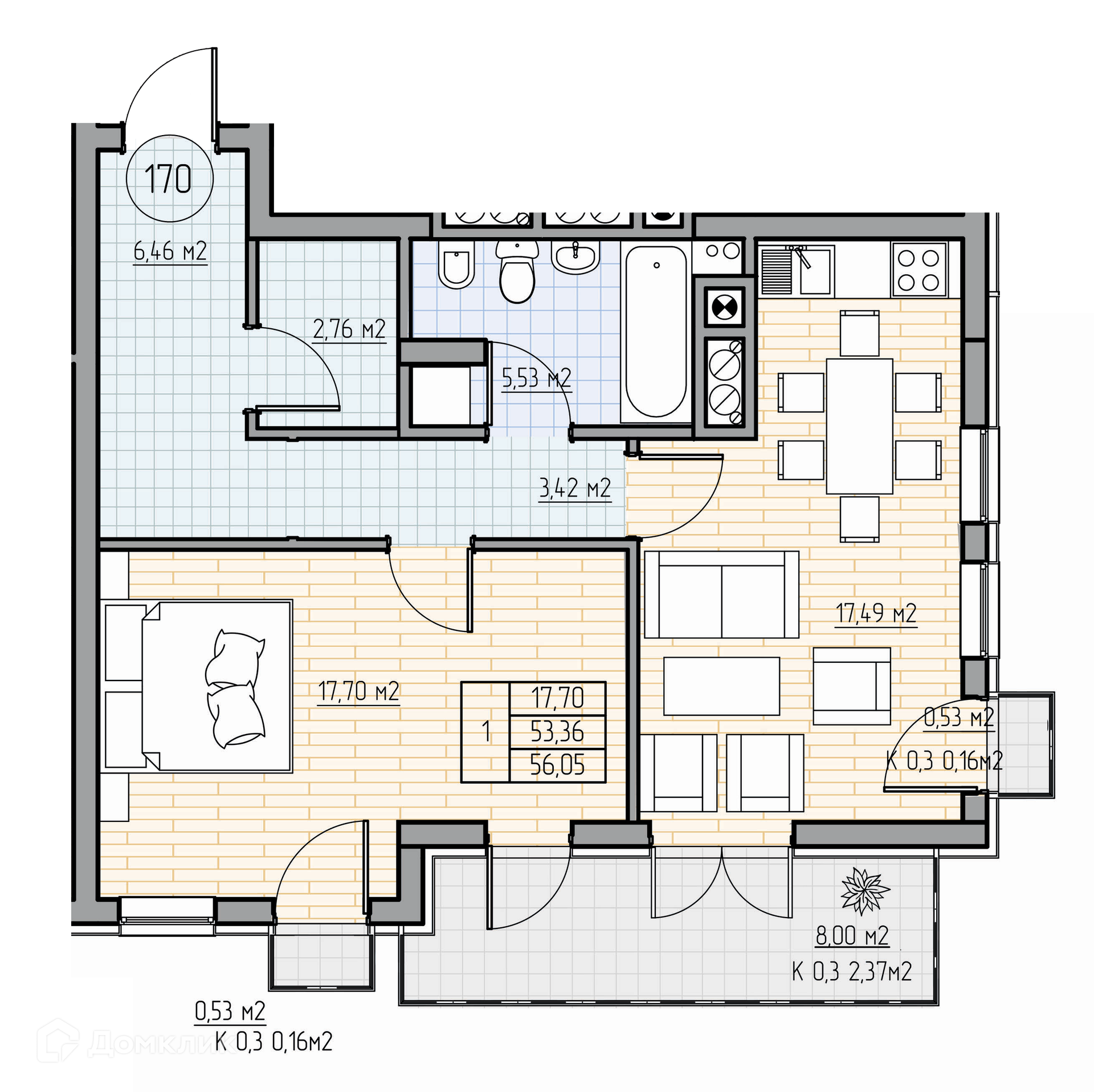 Купить 1-комнатную квартиру, 56.04 м² в ЖК Фридланд по адресу Калининград,  проспект Калинина, 111, недорого – Домклик