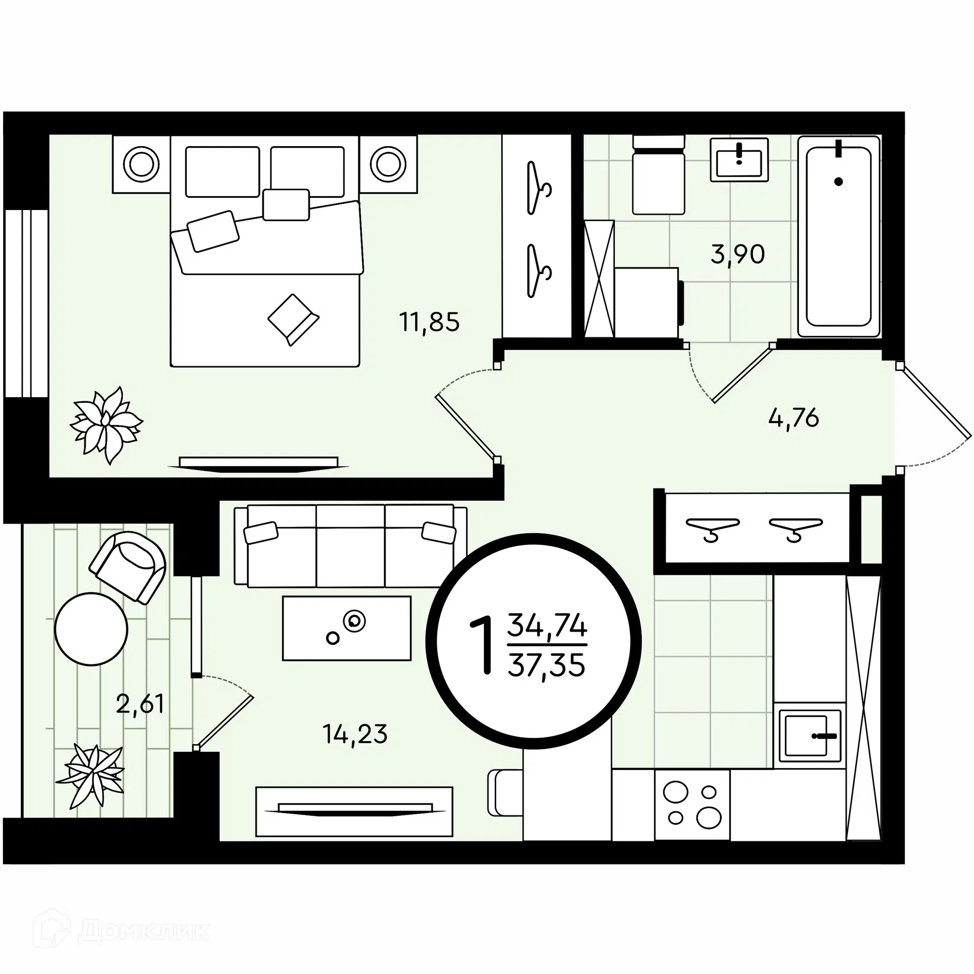 Купить 1-комнатную квартиру, 37.35 м² в ЖК Зеленые аллеи по адресу Тюмень,  улица Бориса Быстрых, 11, недорого – Домклик