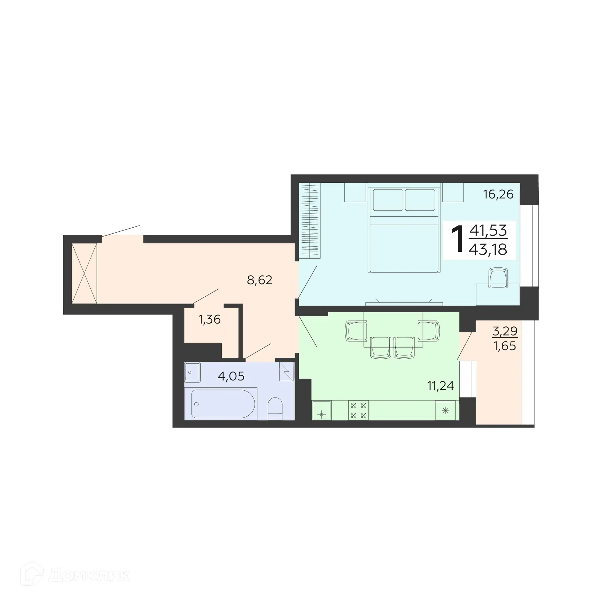 Купить 1-комнатную квартиру, 43.18 м² в ЖК Галактика 3 по адресу Воронеж,  улица Историка Костомарова, 42А, недорого – Домклик