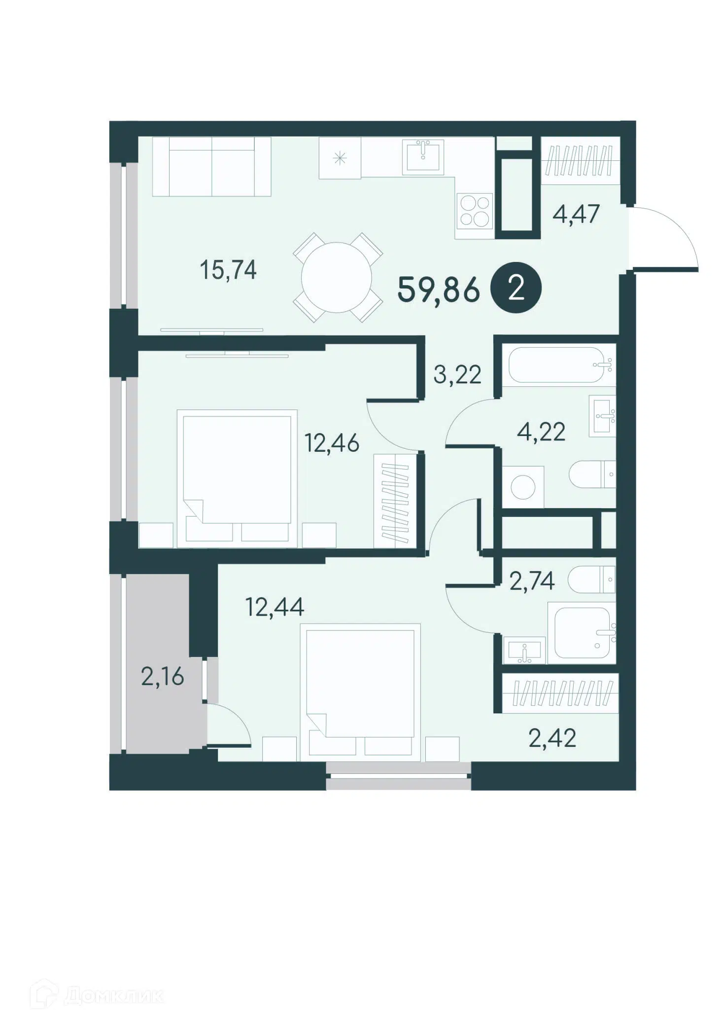 Купить 2-комнатную квартиру, 59.86 м² в ЖК Малиновые высоты по адресу  Курган, недорого – Домклик