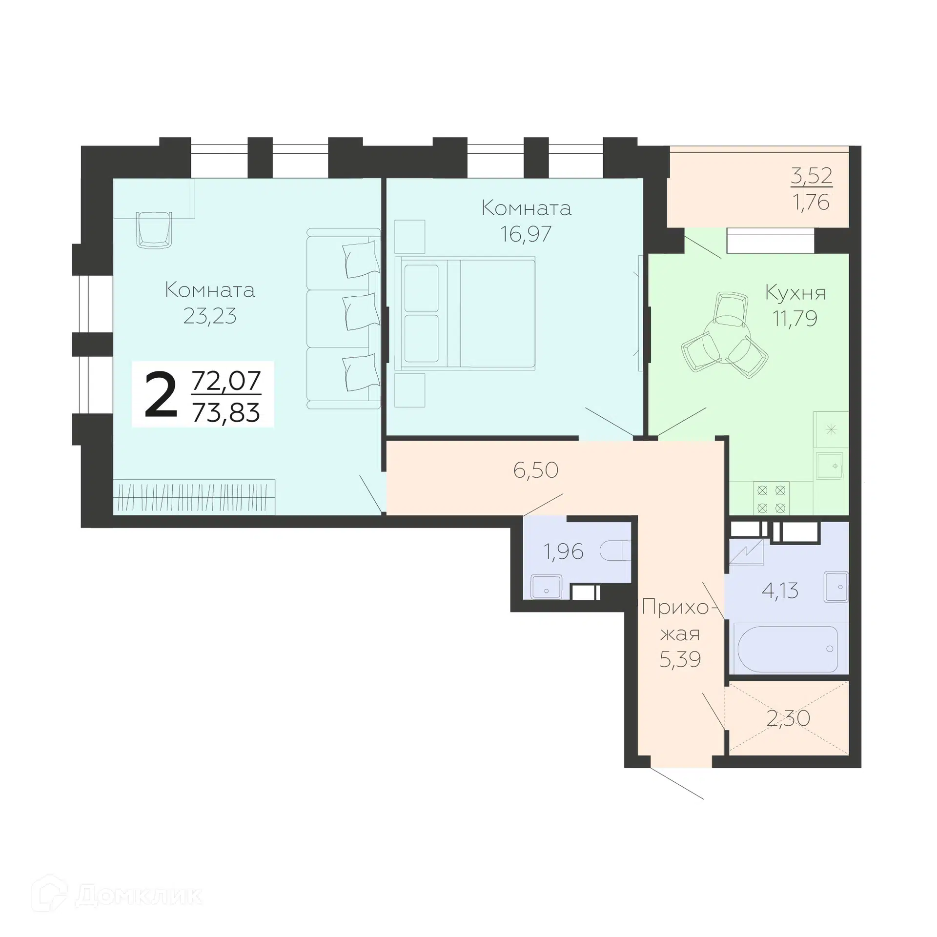 Купить 2-комнатную квартиру, 73.83 м² в ЖК Галактика 2 по адресу Воронеж,  улица Независимости, 78, недорого – Домклик