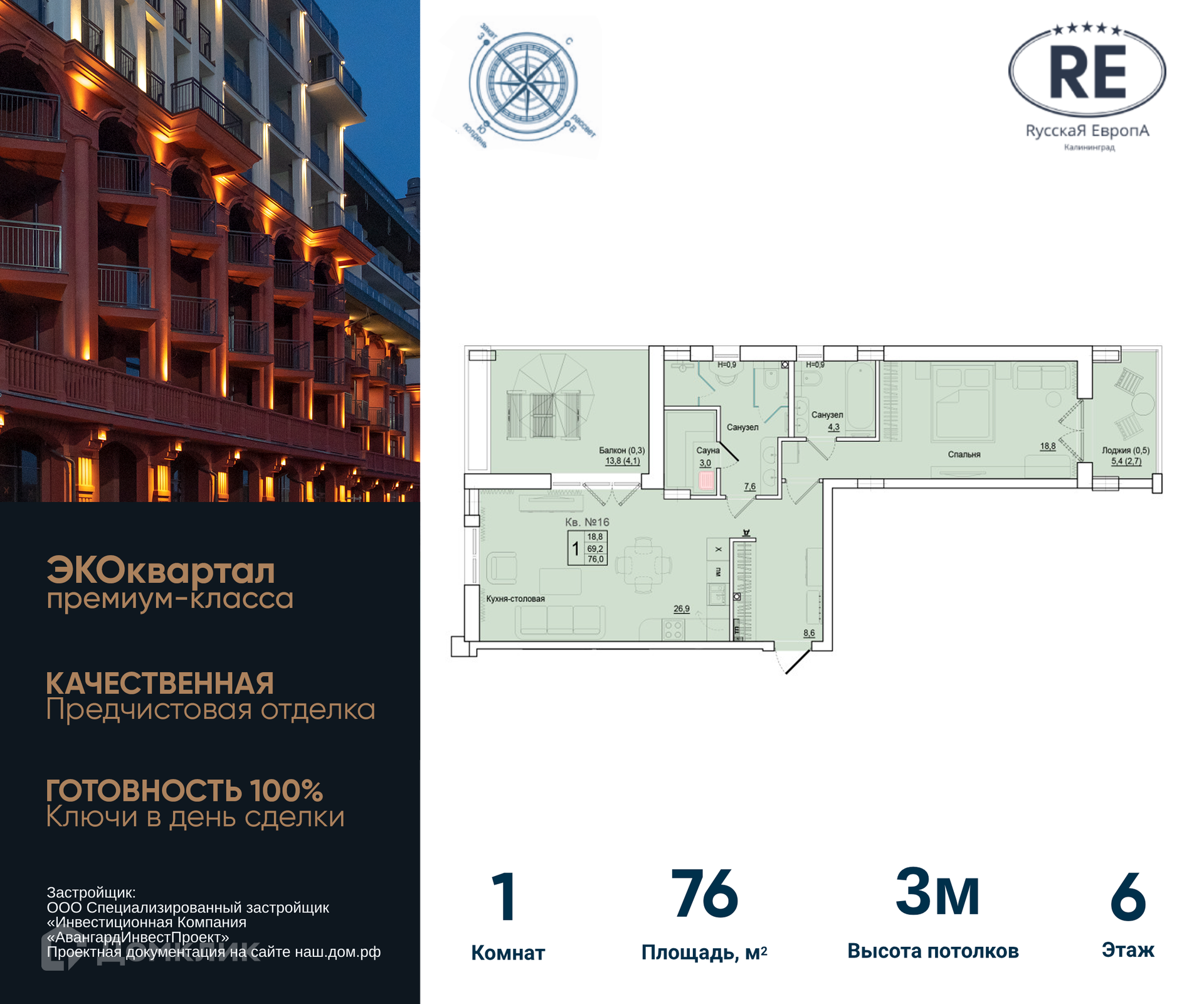 Купить 1-комнатную квартиру, 76 м² в ЖК Русская Европа по адресу  Калининград, улица Молодой Гвардии, 36, недорого – Домклик