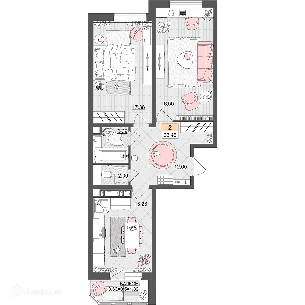 Купить 2-комнатную квартиру, 68.48 м² в ЖК Лучший по адресу Краснодар,  Прикубанский внутригородской округ, микрорайон имени Петра Метальникова,  улица Петра Метальникова, 36, недорого – Домклик