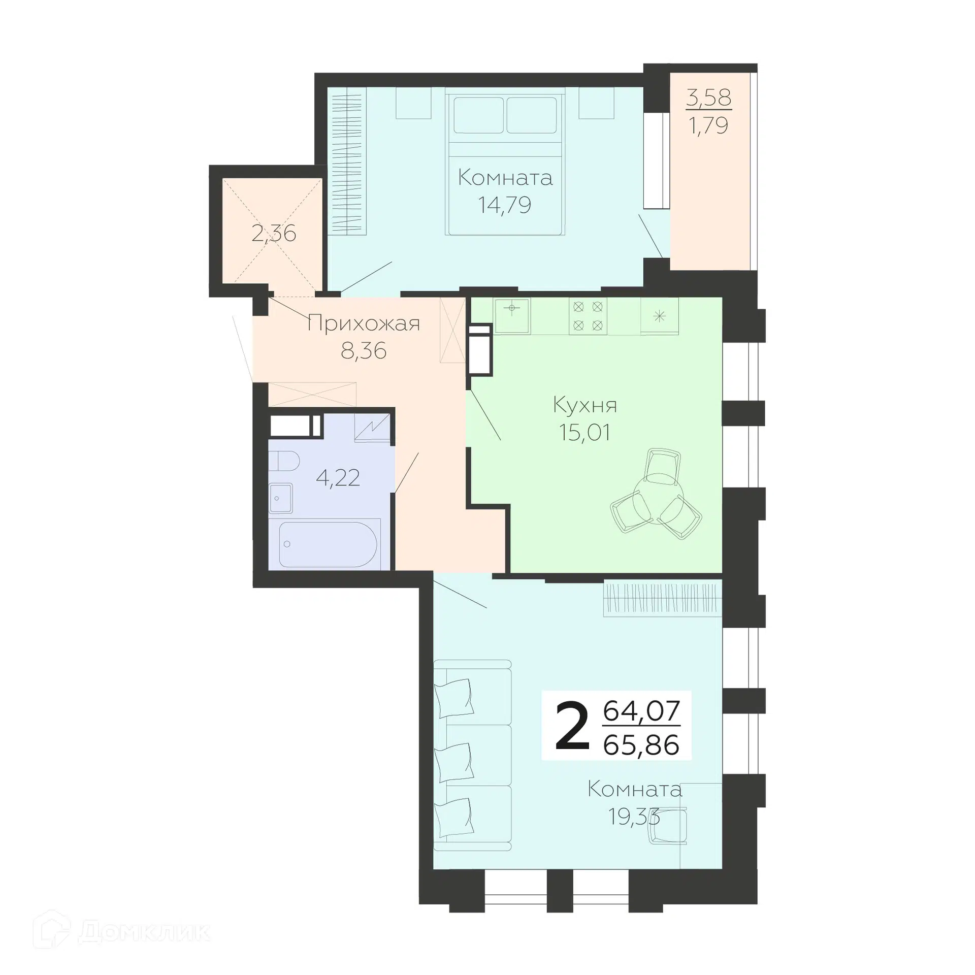 Купить 2-комнатную квартиру, 65.86 м² в ЖК Галактика 2 по адресу Воронеж,  улица Независимости, 78, недорого – Домклик