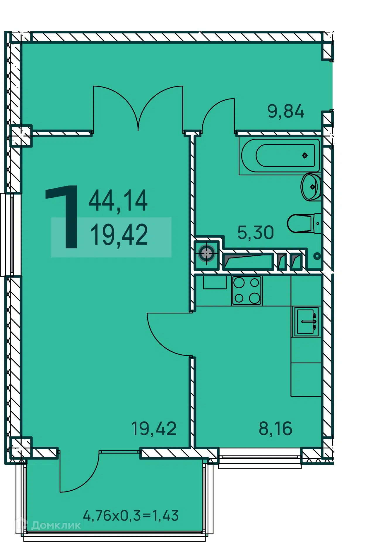 Купить 1-комнатную квартиру, 44.14 м² в ЖК Две реки по адресу Краснодарский  край, Туапсе, улица Калараша, 7Г, недорого – Домклик