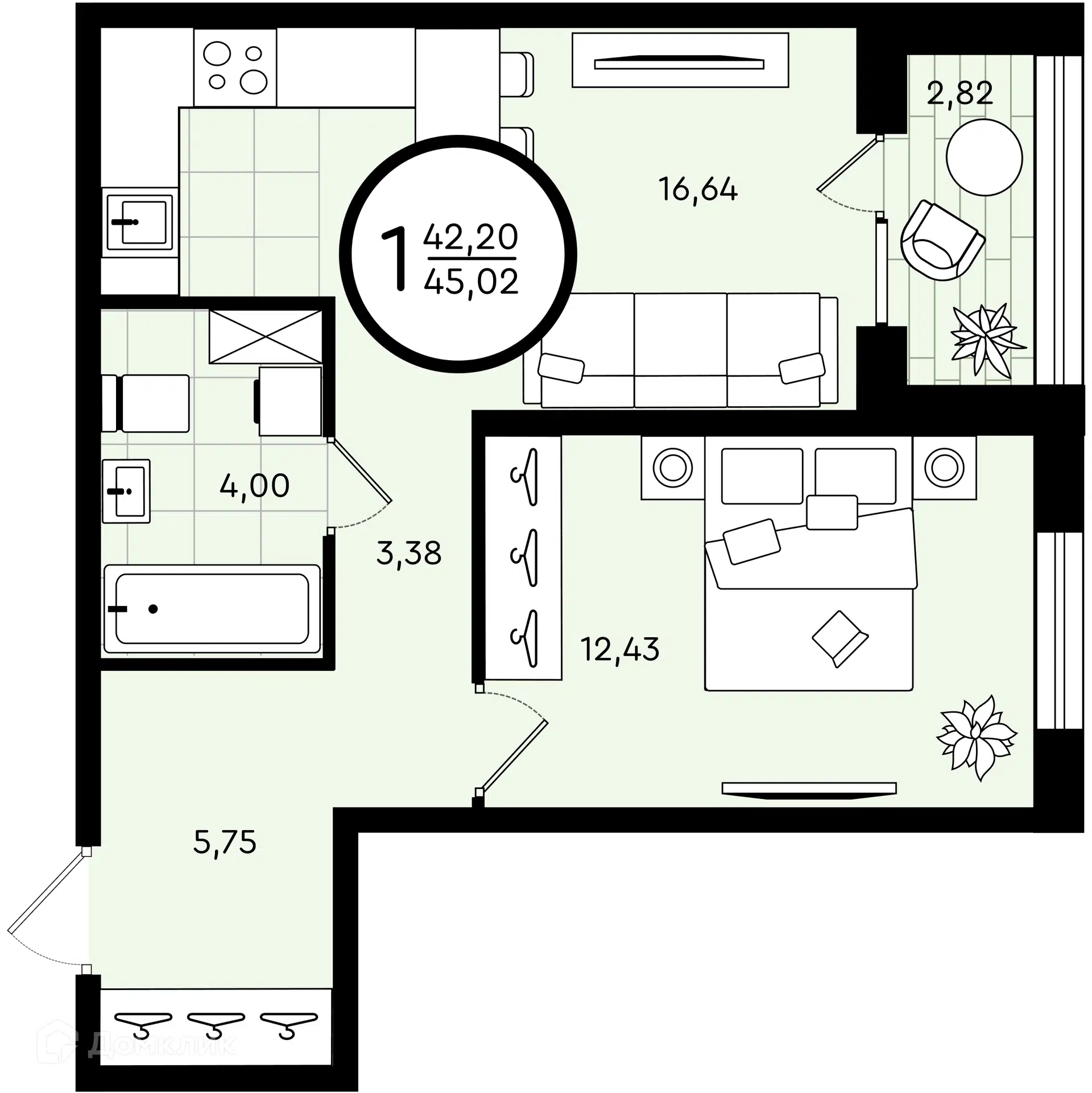 Купить 1-комнатную квартиру, 45.02 м² в ЖК Зеленые аллеи по адресу Тюмень,  улица Бориса Быстрых, 11, недорого – Домклик