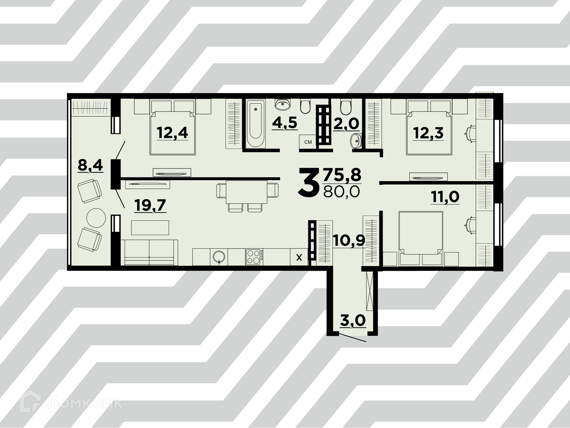 Купить 3-комнатную квартиру, 80 м² в ЖК Квартал по адресу Волгоград,  Дзержинский район, район Семь Ветров, улица Константина Симонова, 2,  недорого – Домклик