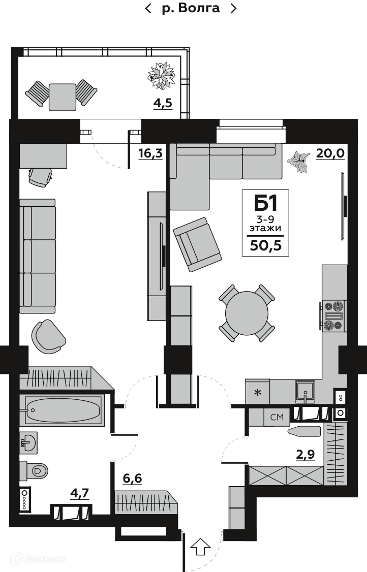 Купить 1-комнатную квартиру, 50.3 м² в ЖК Волго-Дон по адресу Волгоград,  микрорайон Тулака, Горячеводская улица, 5, недорого – Домклик