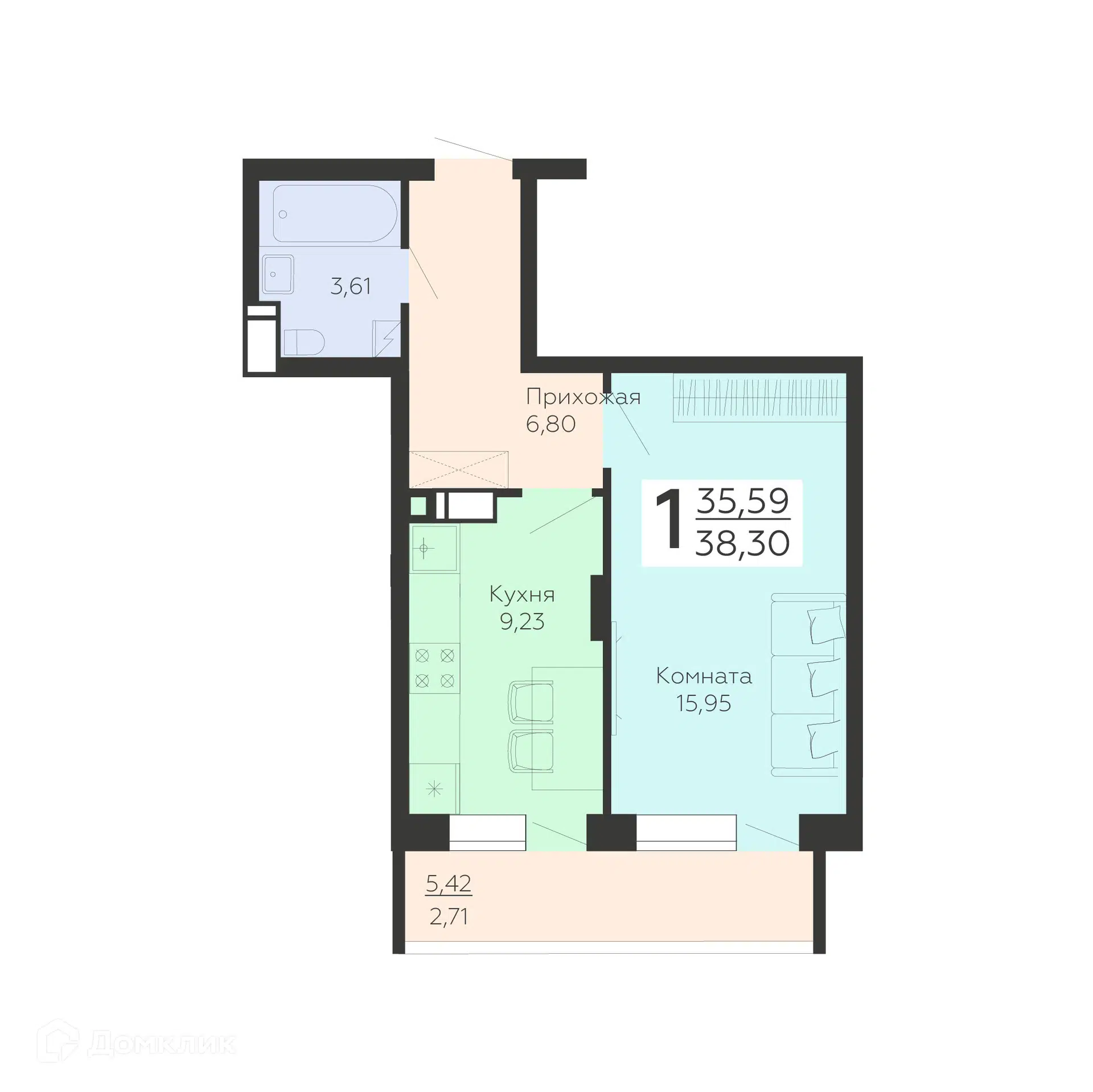 Купить 1-комнатную квартиру, 38.3 м² в ЖК Никитинские сады по адресу  Воронеж, Покровская улица, 19, недорого – Домклик