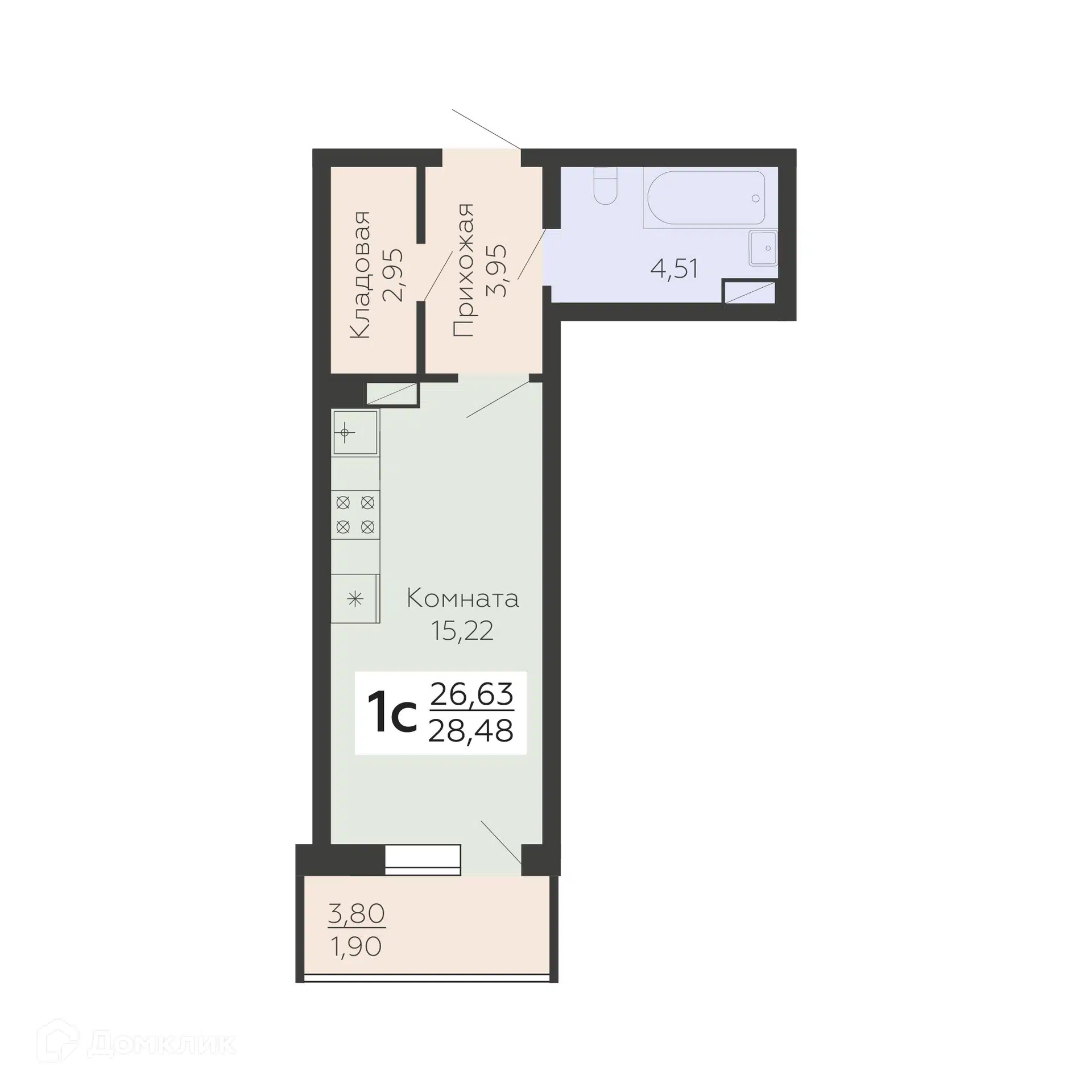 Купить 1-комнатную квартиру, 28.48 м² в ЖК Абрикосовый по адресу Воронеж,  Ленинградская улица, 118А, недорого – Домклик