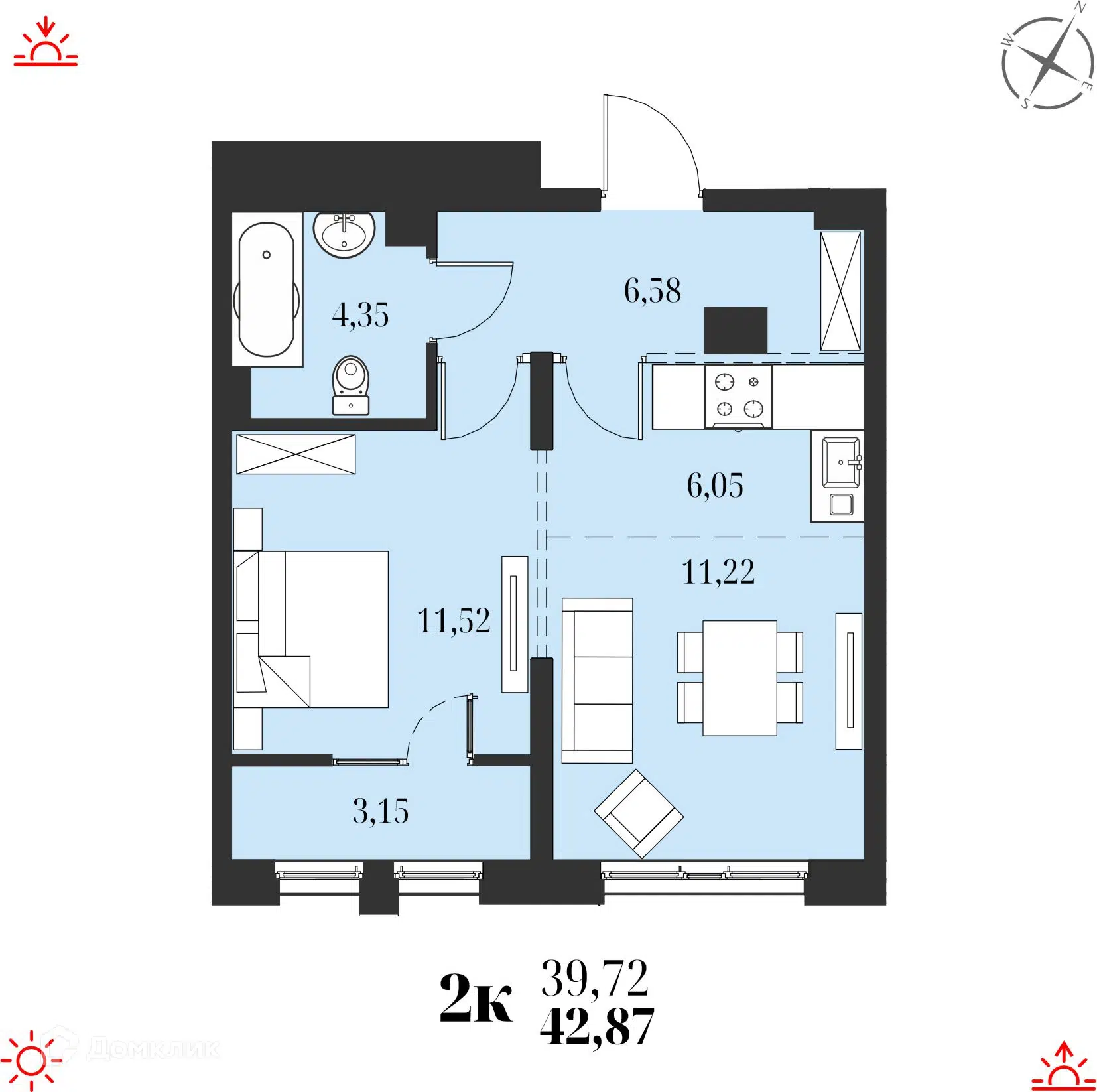 Купить 2-комнатную квартиру, 42.87 м² в ЖК Адмирал по адресу Хабаровск,  улица Юнгов, недорого – Домклик