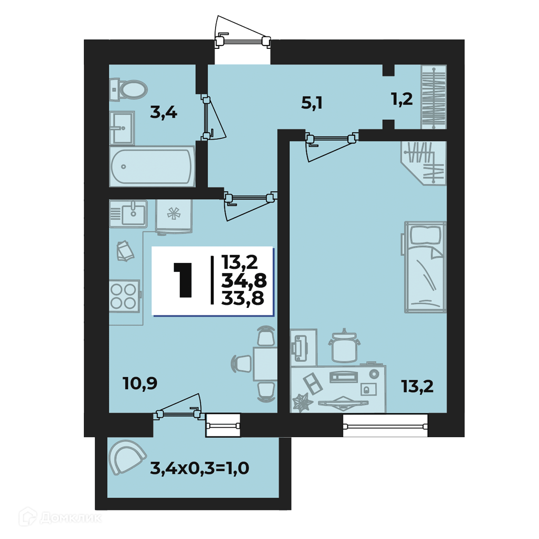 Купить 1-комнатную квартиру, 34.8 м² в ЖК Дарград по адресу Республика  Адыгея, Тахтамукайский район, Яблоновское городское поселение, посёлок  городского типа Яблоновский, улица Тургеневское Шоссе, 33/1к33, недорого –  Домклик