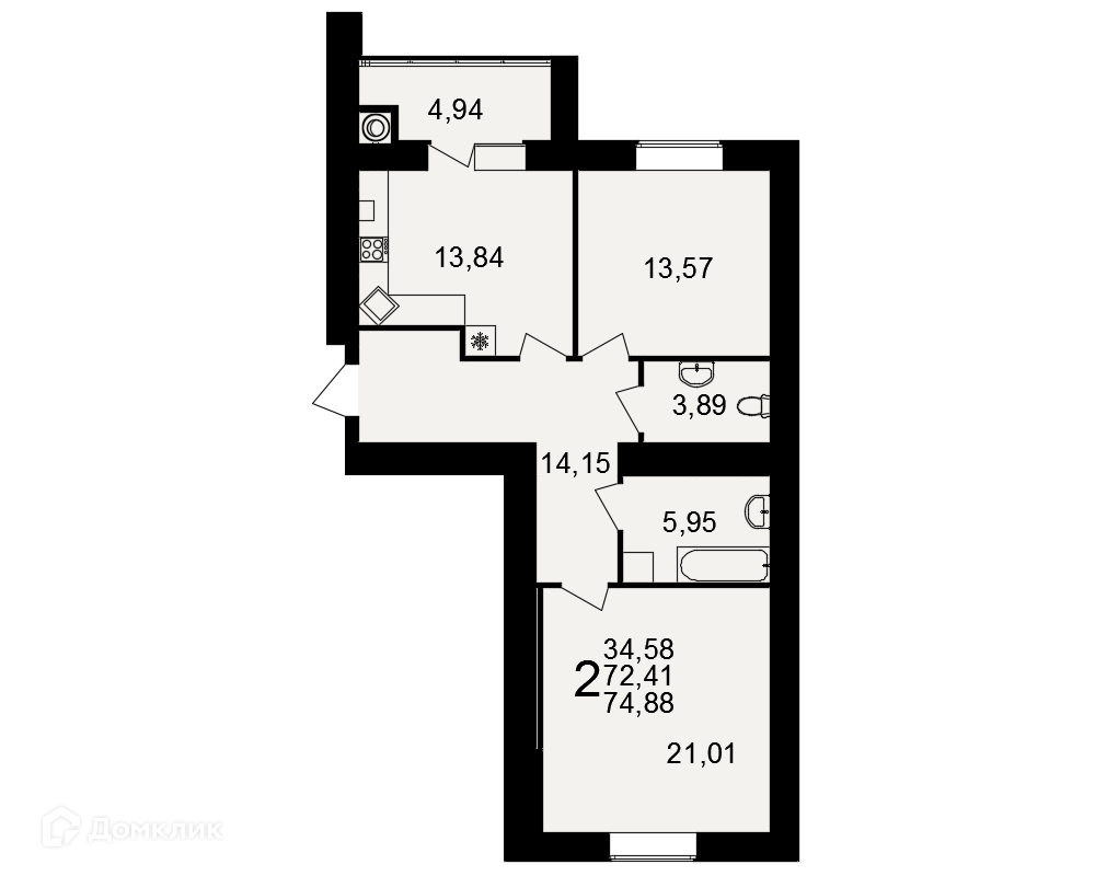 Купить 2-комнатную квартиру, 74.88 м² в ЖК Видный по адресу Рязань, район  Семчино, Семчинская улица, 5, недорого – Домклик