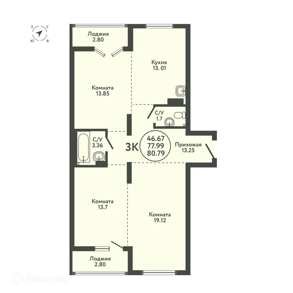 Купить 3-комнатную квартиру, 80.79 м² в ЖК Экополис Верх-Тулинский по  адресу Новосибирский район, село Верх-Тула, Луговая улица, 19Ас, недорого –  Домклик