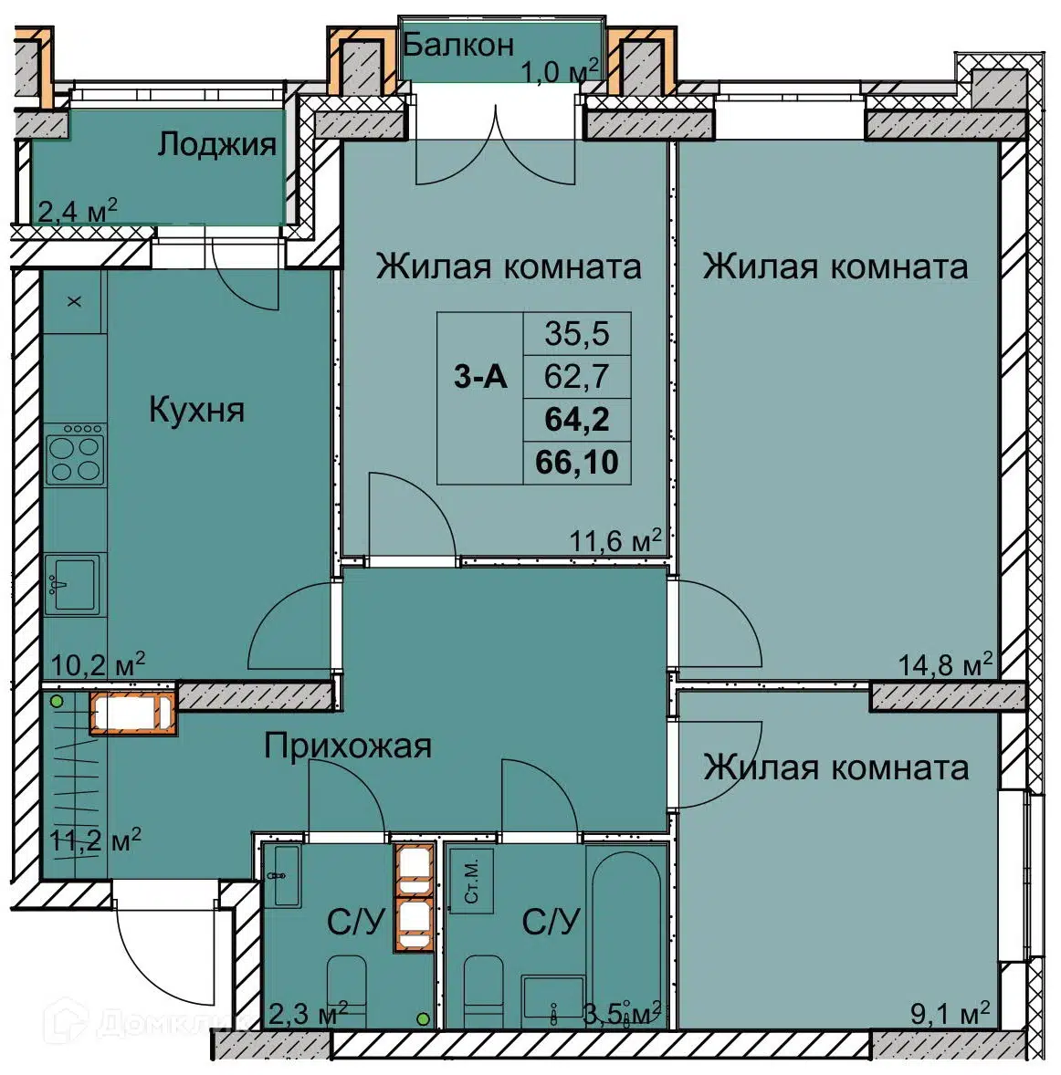 Купить 3-комнатную квартиру, 64.2 м² в ЖК Тетра по адресу Нижний Новгород,  1-я Оранжерейная улица, 24А, метро недорого – Домклик