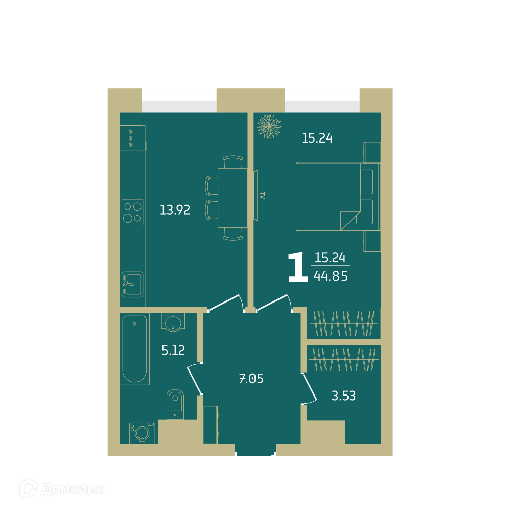 Купить 1-комнатную квартиру, 44.85 м² в ЖК Централ парк по адресу  Республика Башкортостан, Уфа, 185-й квартал, комплекс апартаментов Централ  Парк, недорого – Домклик