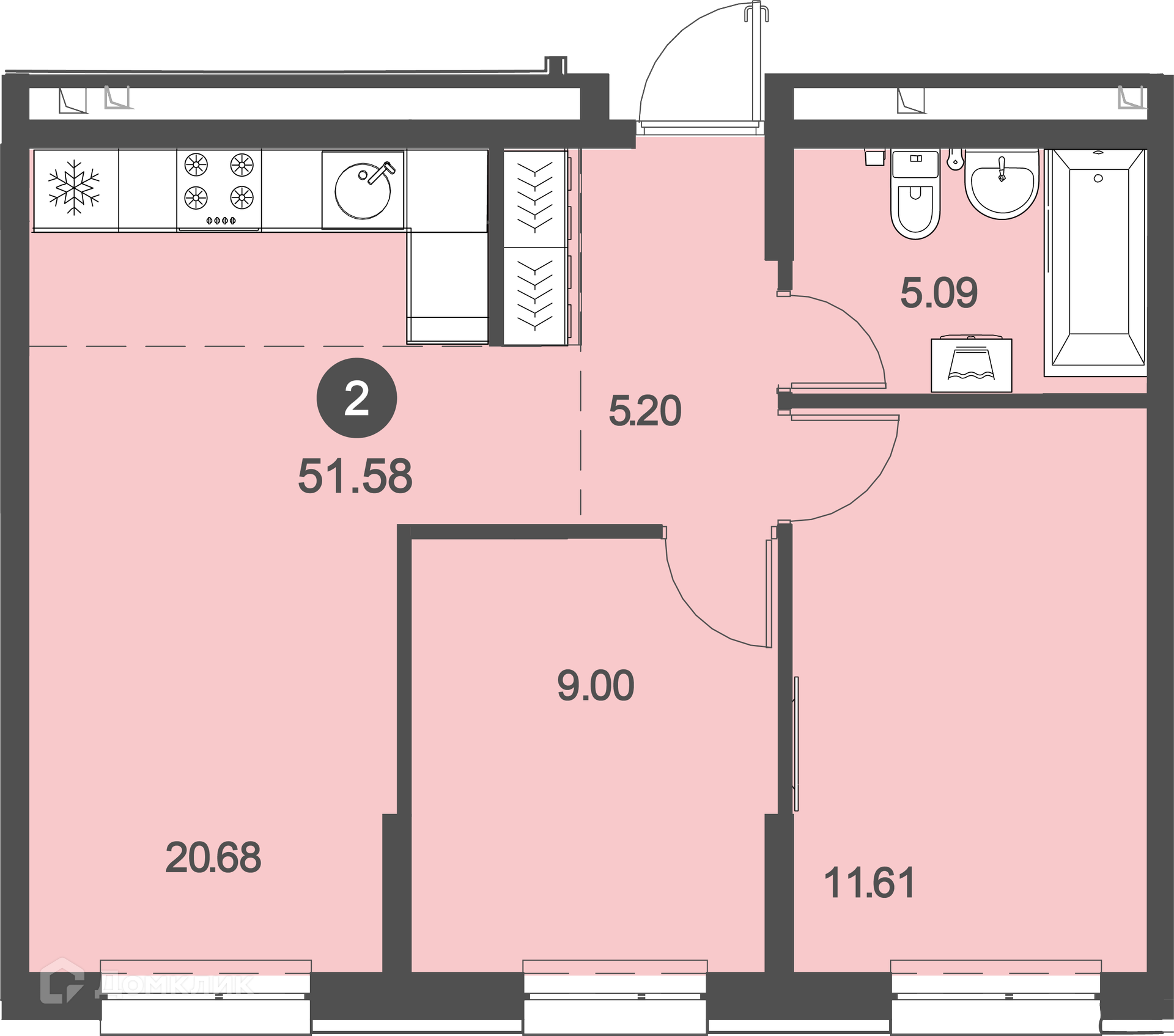 Купить 2-комнатную квартиру, 51.58 м² в ЖК Клуб 25 по адресу Приморский  край, Владивосток, Катерная улица, 29, недорого – Домклик