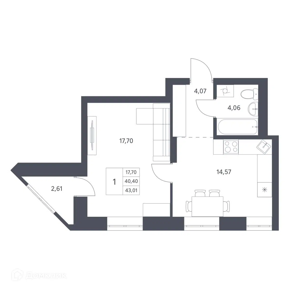 Купить 1-комнатную квартиру, 40.4 м² в ЖК Основатели по адресу Новосибирск,  улица имени генерал-майора А.Н. Рожкина, 14, недорого – Домклик