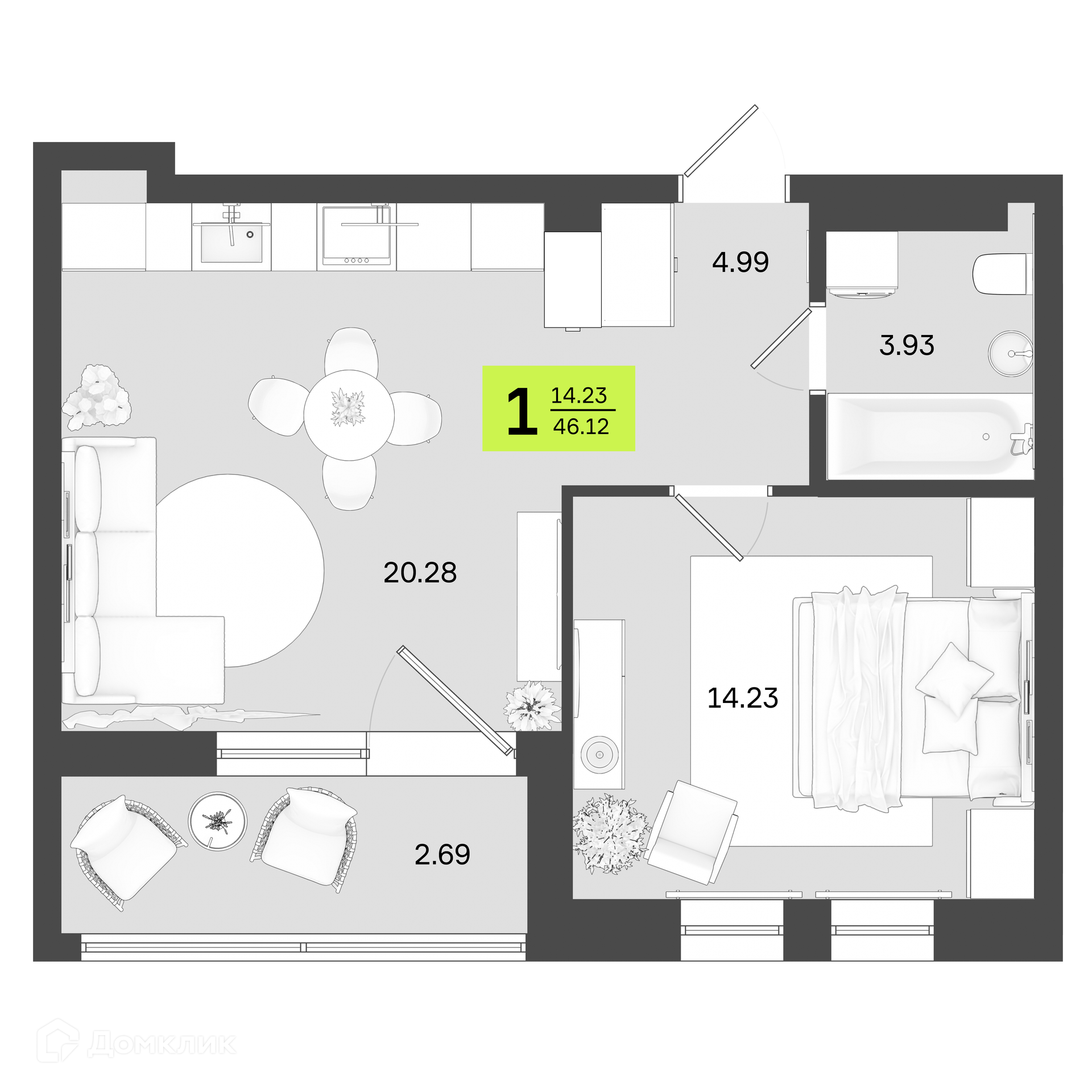 Купить 1-комнатную квартиру, 46.12 м² в ЖК Новый Фамильный по адресу  Республика Башкортостан, Уфа, улица Акназарова, 20, недорого – Домклик