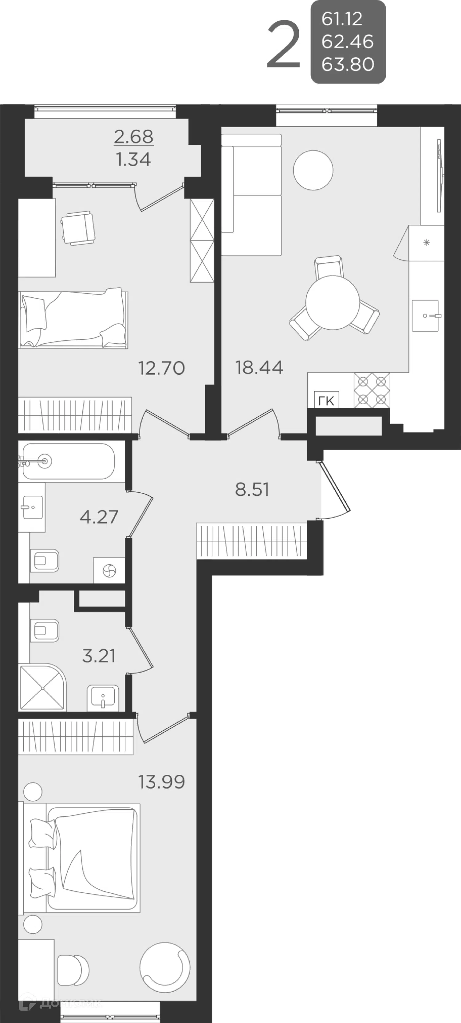 Купить 2-комнатную квартиру, 62.46 м² в ЖК История по адресу Калининград,  улица Старшины Дадаева, 55, недорого – Домклик