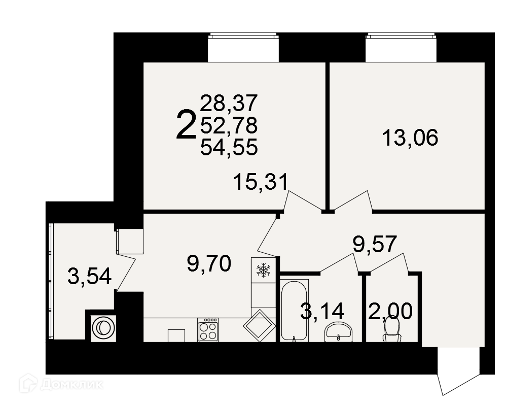 Купить 2-комнатную квартиру, 54.55 м² в ЖК Видный по адресу Рязань, район  Семчино, Семчинская улица, 5, недорого – Домклик