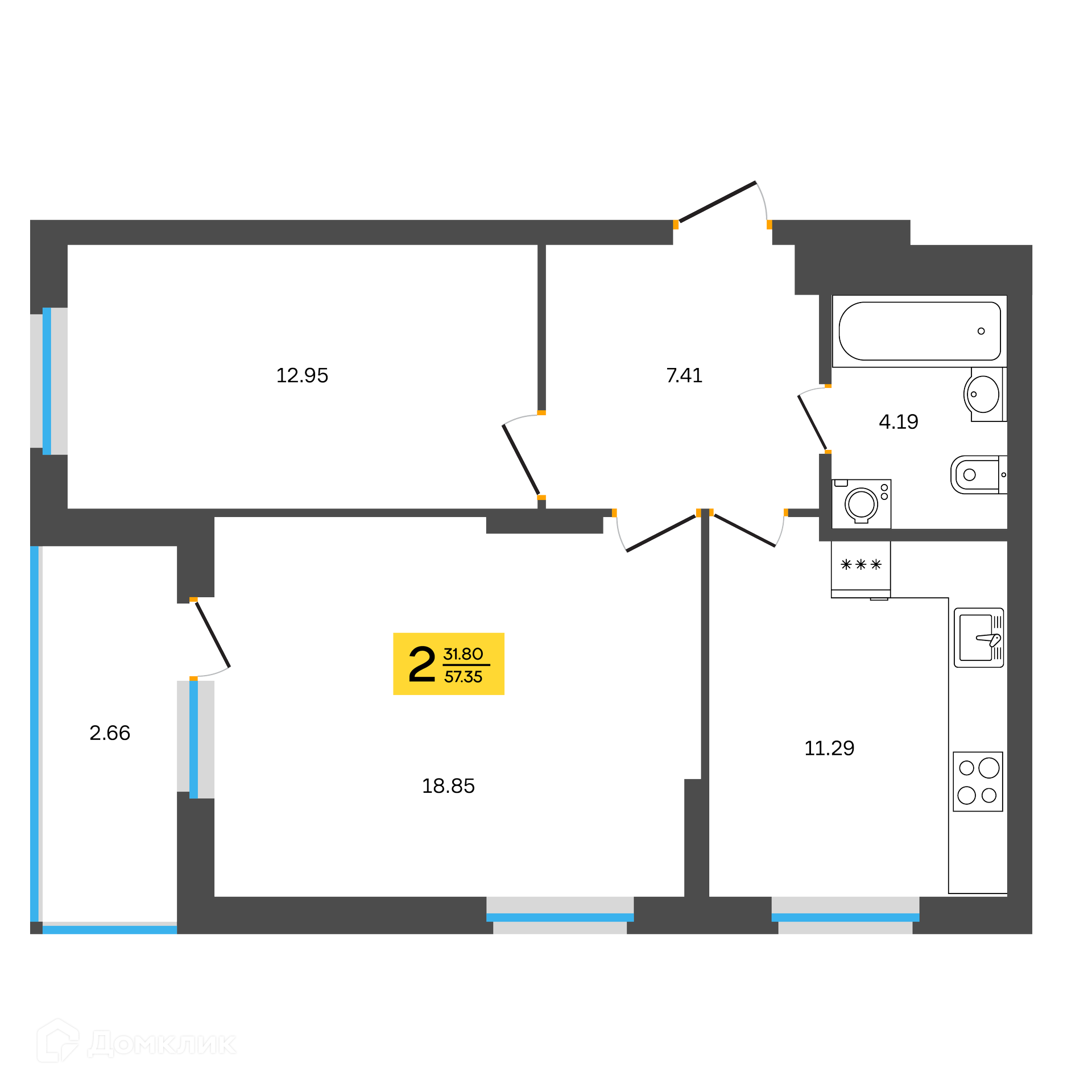 Купить 2-комнатную квартиру, 57.35 м² в ЖК Новоселов по адресу Республика  Башкортостан, Уфа, Калининский район, микрорайон Инорс, улица Новосёлов, 8,  недорого – Домклик