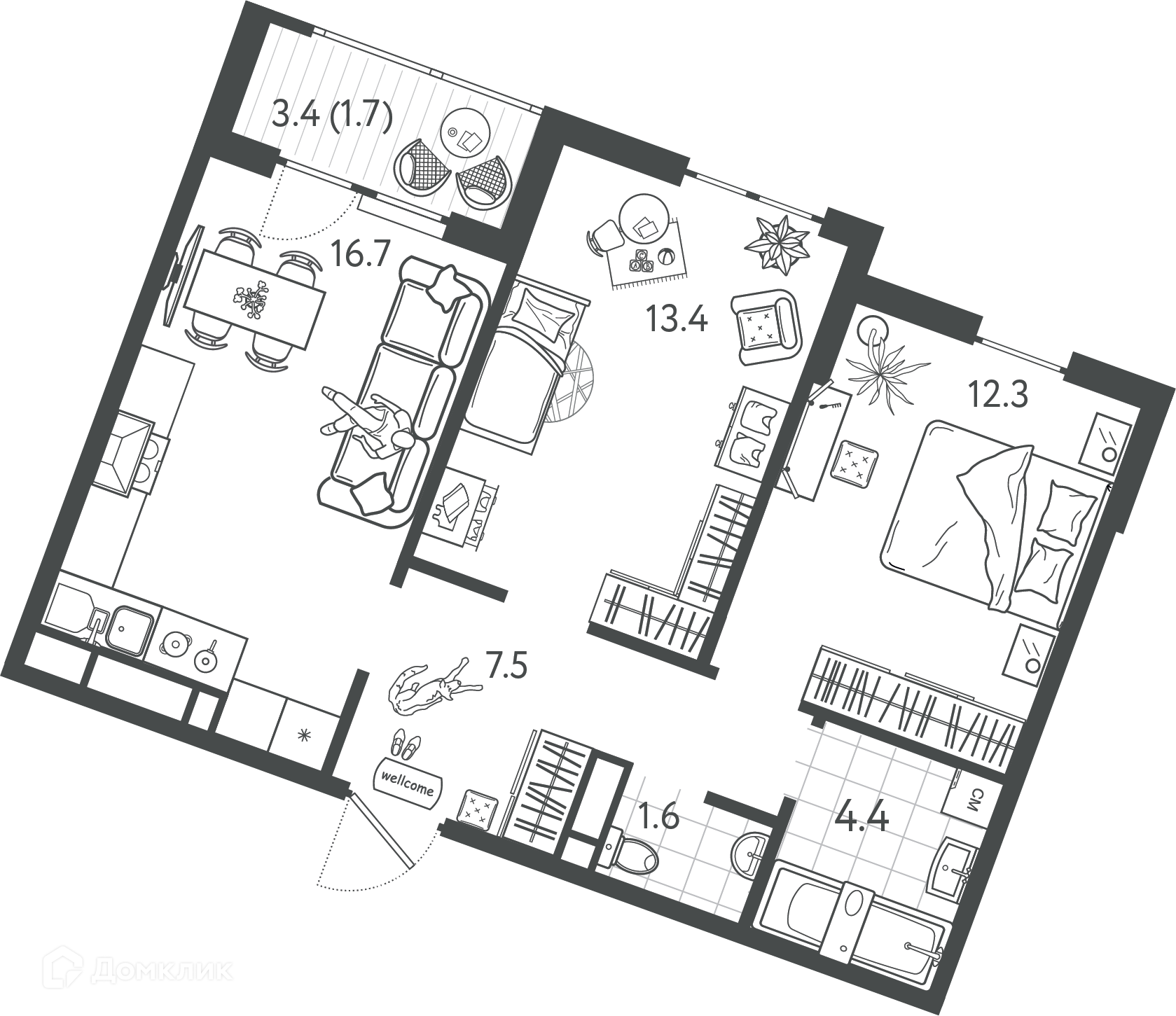 Купить 2-комнатную квартиру, 57.6 м² в ЖК Все Свои VIP (Все Свои ВИП) по  адресу Краснодар, Колхозная улица, 5А, недорого – Домклик