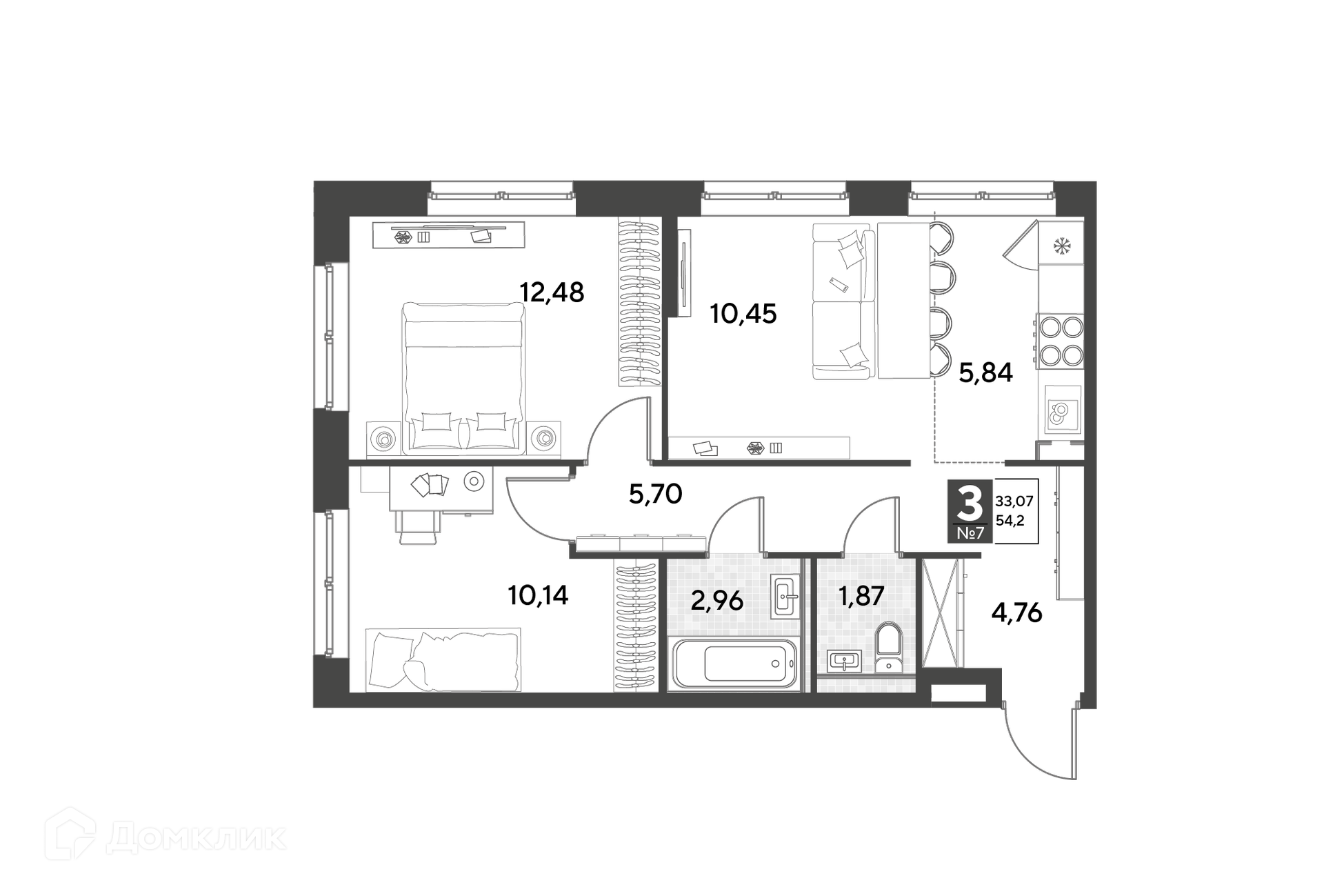 Купить 3-комнатную квартиру, 54.2 м² в ЖК Космопарк по адресу Калуга, улица  Болдина, 22, недорого – Домклик