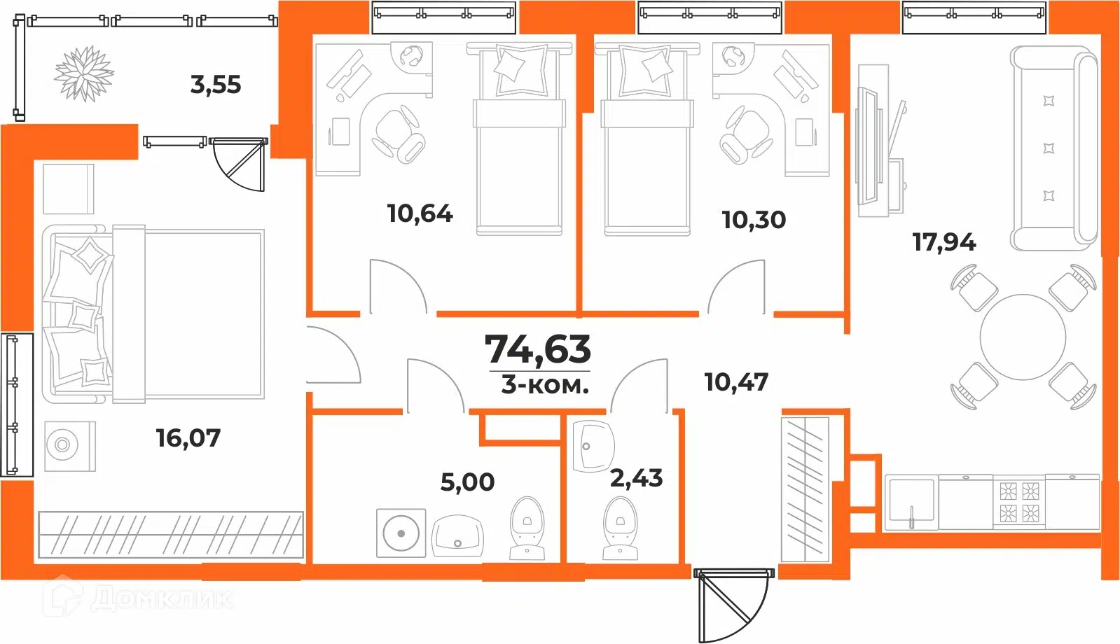 Купить 3-комнатную квартиру, 74.63 м² в ЖК Живописный сад по адресу  Хабаровск, Воронежская улица, 1, недорого – Домклик