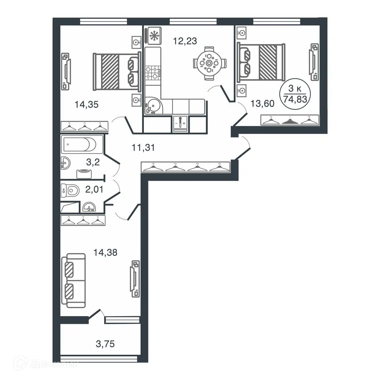 Купить 3-комнатную квартиру, 74.83 м² в ЖК Botanica (Ботаника) по адресу  Тверь, улица Левитана, 74Б, недорого – Домклик