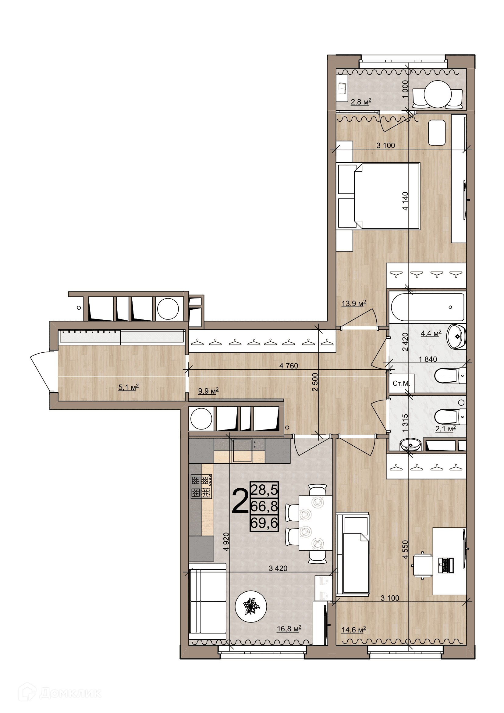 Купить 2-комнатную квартиру, 69.6 м² в ЖК Еврокласс-4 по адресу Рязань,  Быстрецкая улица, недорого – Домклик