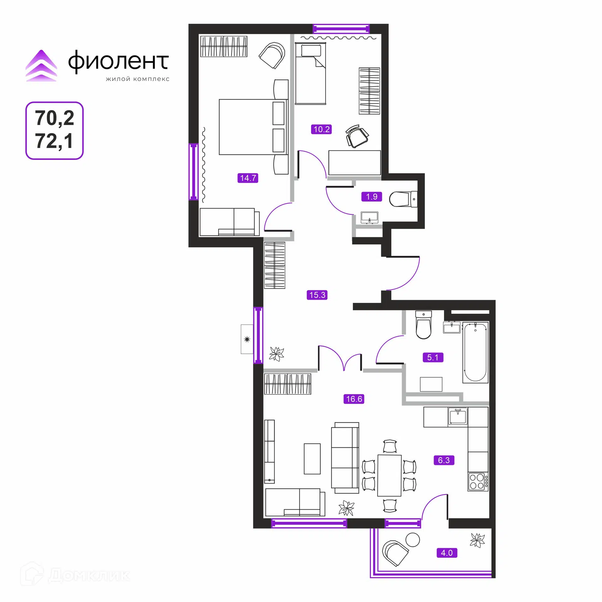 Купить 3-комнатную квартиру, 72.1 м² в ЖК Фиолент по адресу Приморский  край, Владивосток, улица Расула Гамзатова, 1, недорого – Домклик