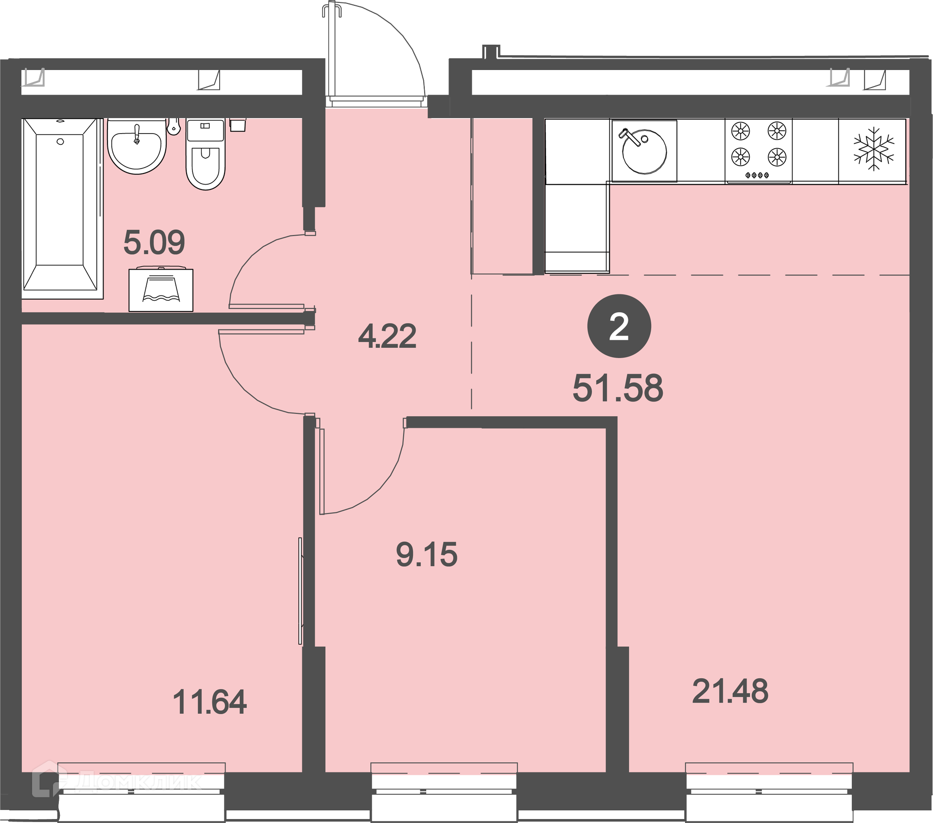 Купить 2-комнатную квартиру, 51.58 м² в ЖК Клуб 25 по адресу Приморский  край, Владивосток, Катерная улица, 29, недорого – Домклик