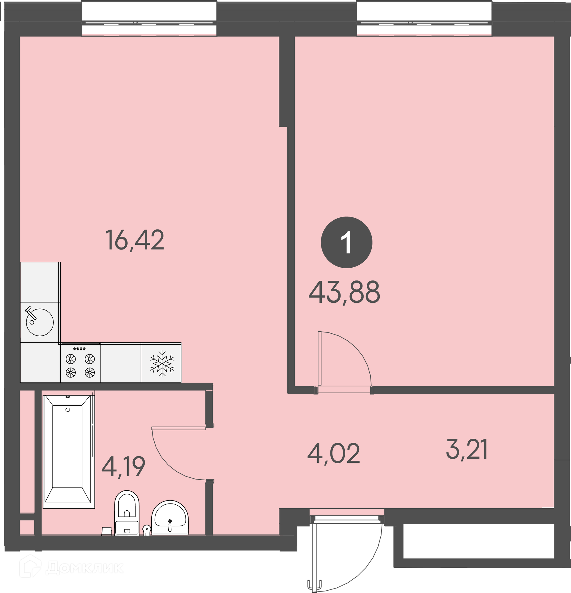 Купить 1-комнатную квартиру, 43.88 м² в ЖК Клуб 25 по адресу Приморский  край, Владивосток, Катерная улица, 29, недорого – Домклик