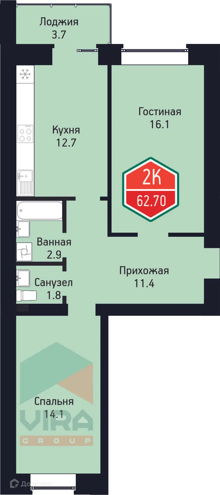 Купить 2-комнатную квартиру, 62.7 м² в ЖК На Ватутина по адресу Тюмень,  улица Ветеранов Труда, 9А, недорого – Домклик