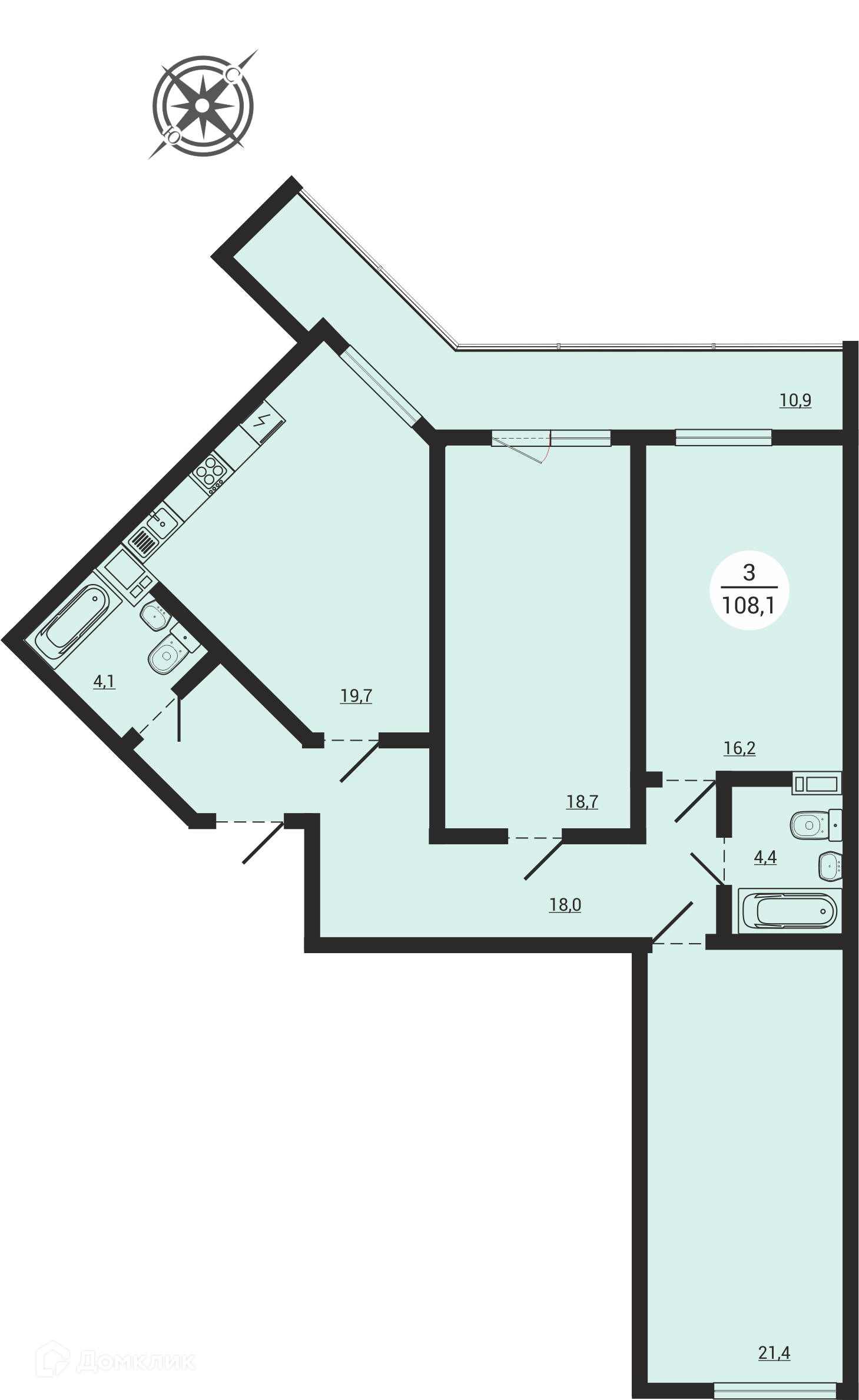 Купить 3-комнатную квартиру, 107.4 м² в ЖК АКАДЕМ Riverside (АКАДЕМ  Риверсайд) по адресу Челябинск, улица Университетская Набережная, 54,  недорого – Домклик