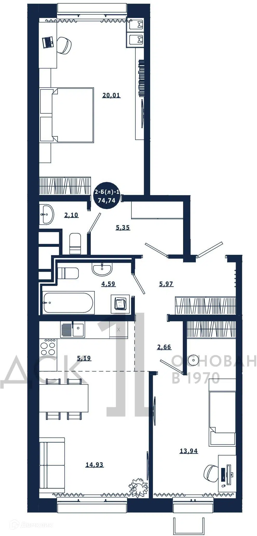 Купить 2-комнатную квартиру, 74.74 м² в ЖК Западный квартал по адресу Ханты-Мансийск,  улица Елены Сагандуковой, 16, недорого – Домклик