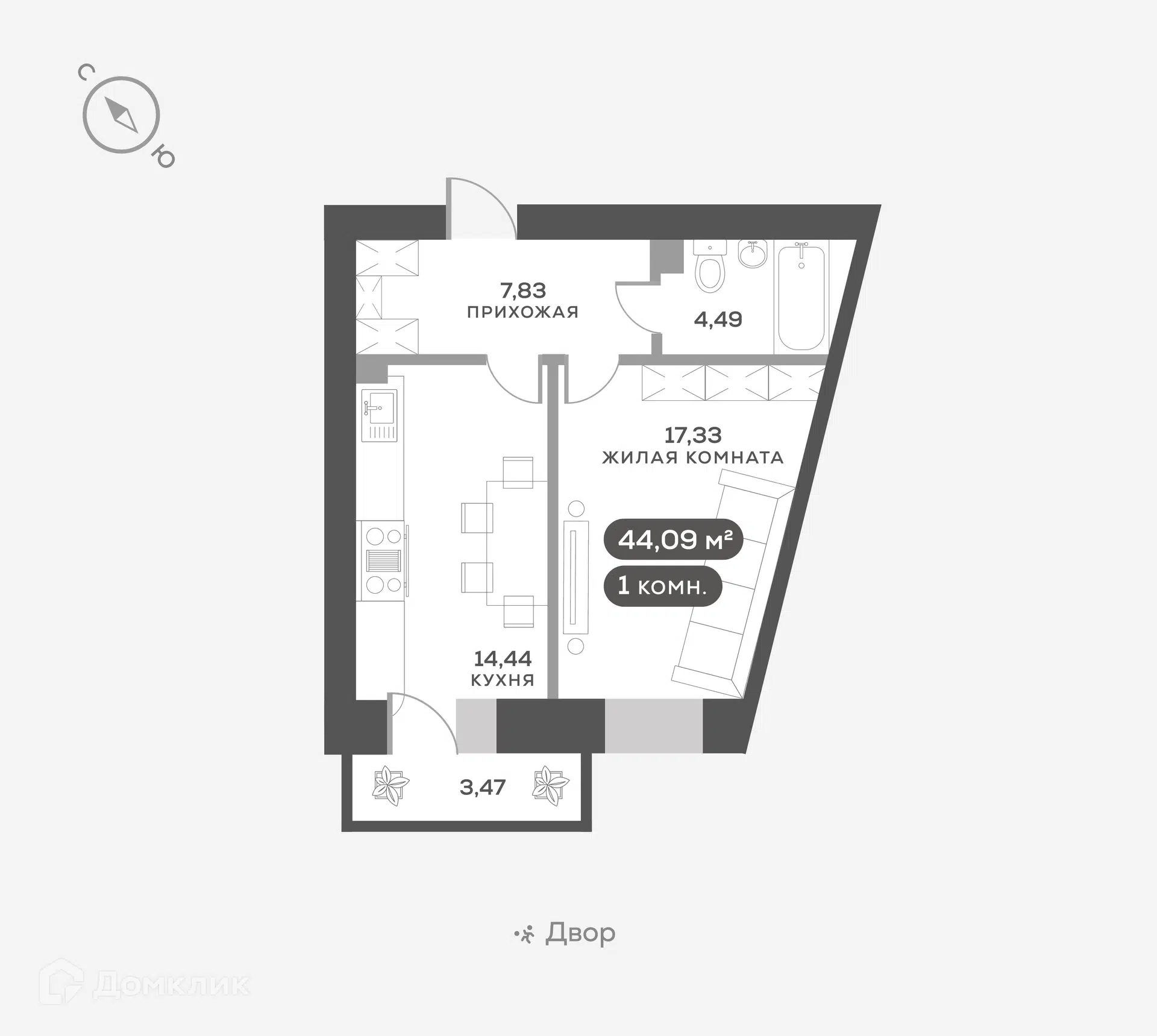 Купить 1-комнатную квартиру, 45.13 м² в ЖК Академгородок по адресу  городской округ Красноярск, Октябрьский район, улица Академгородок, 70,  недорого – Домклик