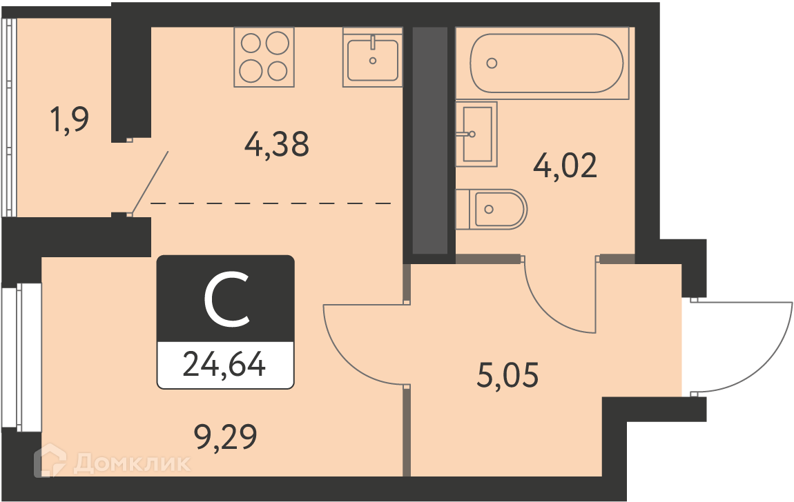 Купить 1-комнатную квартиру, 23.69 м² в ЖК Спутник-1 по адресу Свердловская  область, Екатеринбург, улица Академика Ландау, 17/6, недорого – Домклик