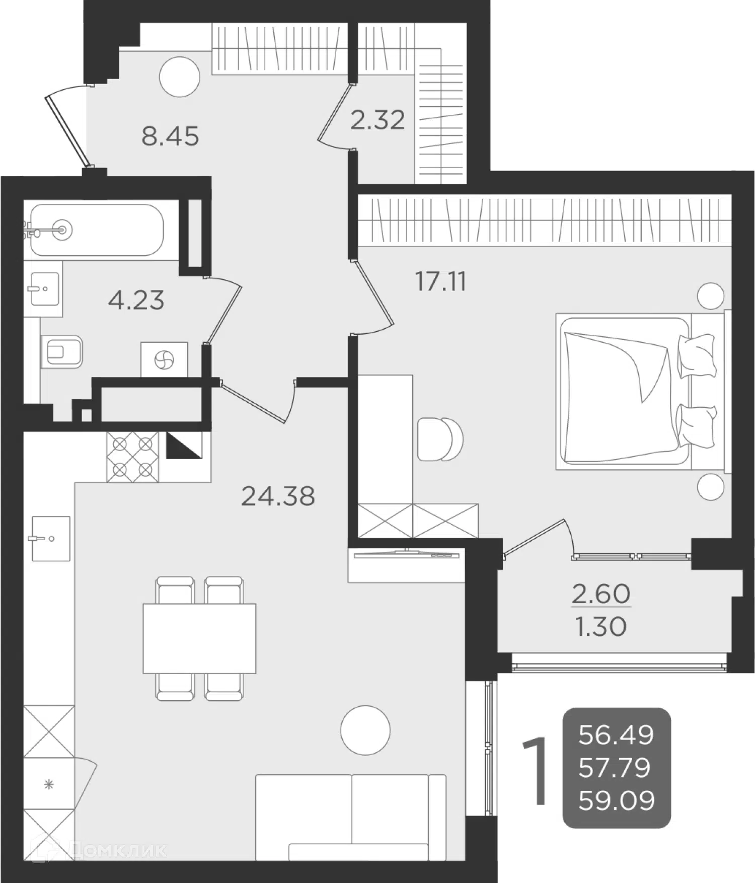 Купить 1-комнатную квартиру, 57.79 м² в ЖК История по адресу Калининград,  улица Старшины Дадаева, 55, недорого – Домклик