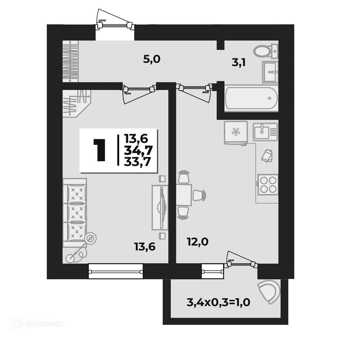 Купить 1-комнатную квартиру, 34.7 м² в ЖК Дарград по адресу Республика  Адыгея, Тахтамукайский район, Яблоновское городское поселение, посёлок  городского типа Яблоновский, улица Тургеневское Шоссе, 33/1к33, недорого –  Домклик