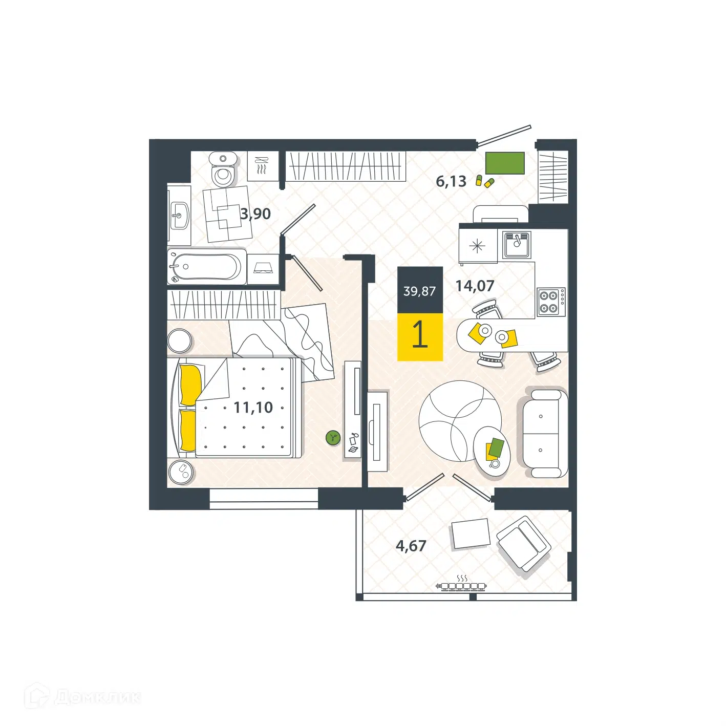 Купить 1-комнатную квартиру, 39.87 м² в ЖК Самовароff по адресу Тула,  Самоварная улица, 2, недорого – Домклик