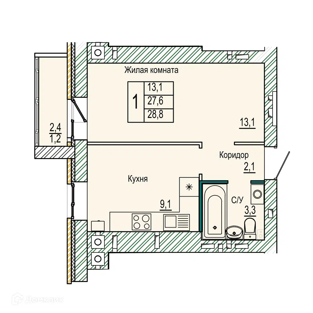 Купить 1-комнатную квартиру, 28.8 м² в ЖК Колизей по адресу Волгоград,  улица 70-летия Победы, 15, недорого – Домклик