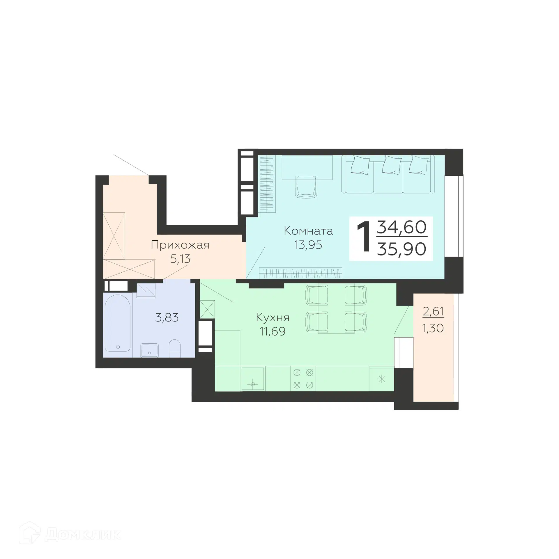 Купить 1-комнатную квартиру, 35.9 м² в ЖК Никитинские сады по адресу  Воронеж, Покровская улица, 19, недорого – Домклик