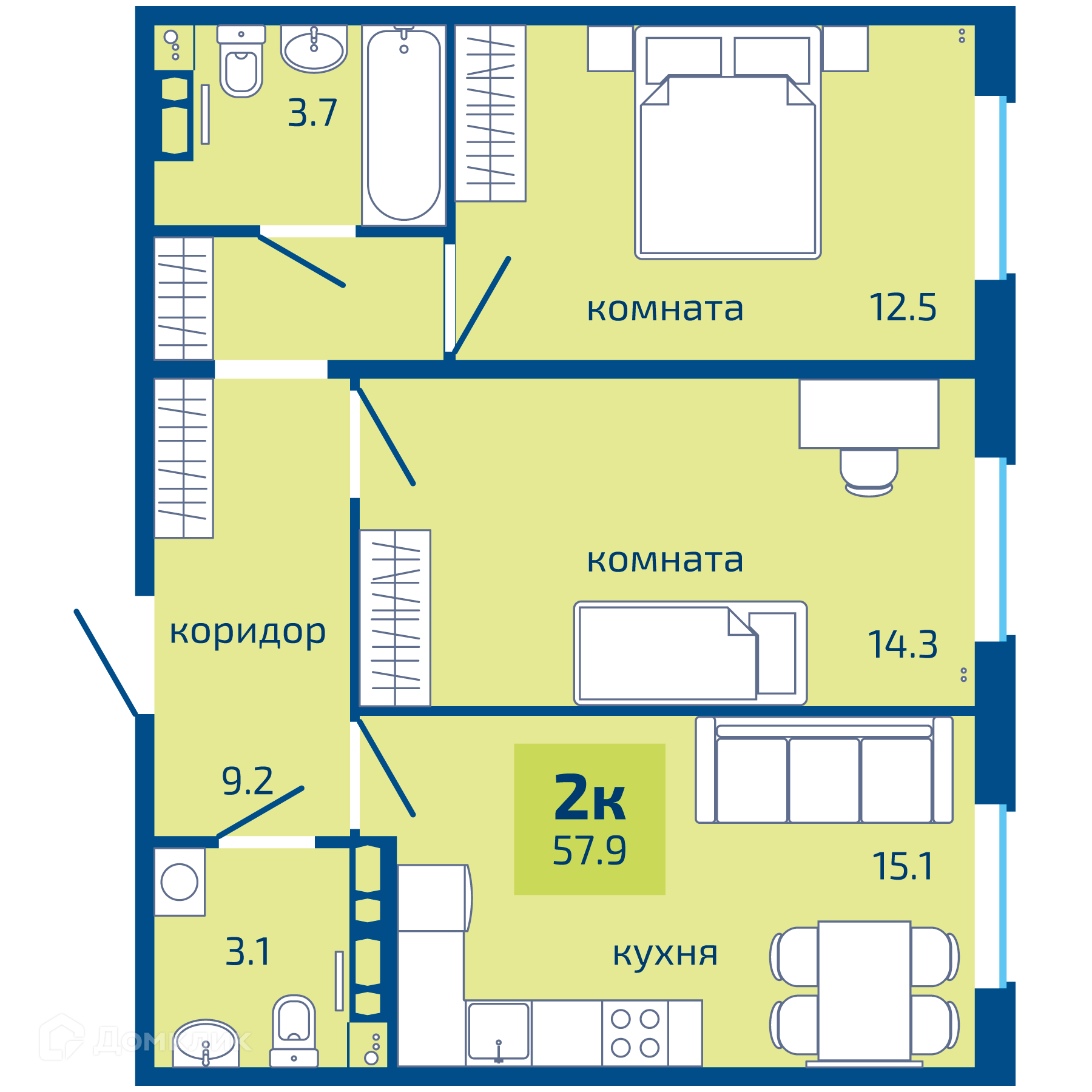 Купить 2-комнатную квартиру, 57.9 м² в ЖК Патриот по адресу Пермь, Целинная  улица, 59, недорого – Домклик