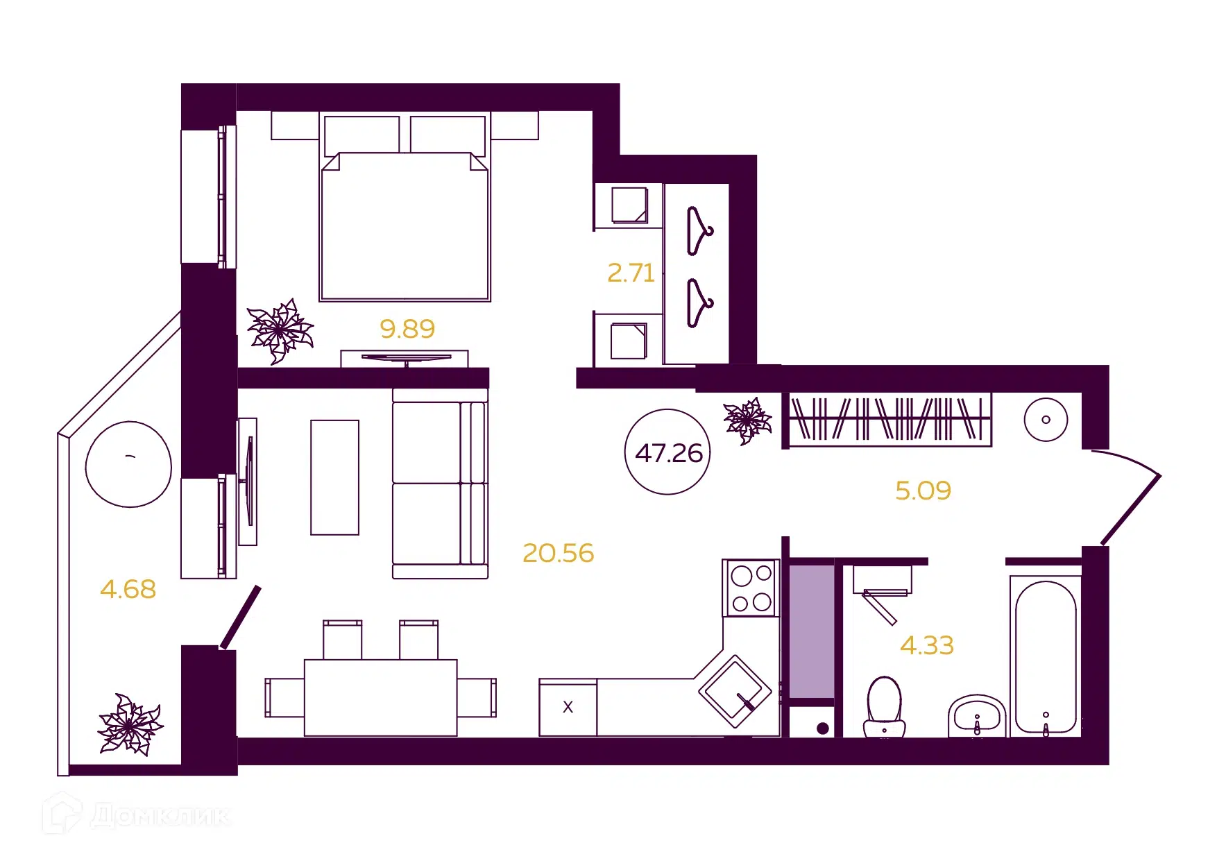 Купить 1-комнатную квартиру, 47.26 м² в ЖК Zima (Зима) по адресу  Ханты-Мансийский автономный округ, Сургут, улица Александра Усольцева, 25,  недорого – Домклик