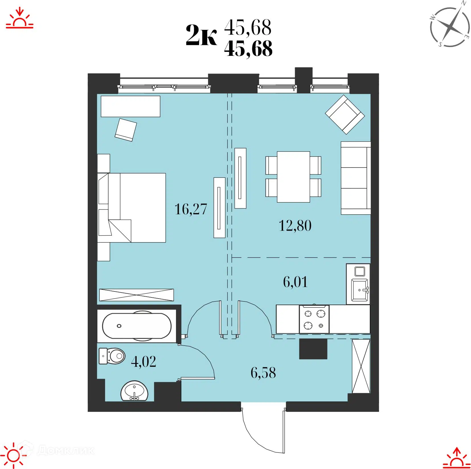 Купить 2-комнатную квартиру, 45.68 м² в ЖК Адмирал по адресу Хабаровск,  улица Юнгов, недорого – Домклик