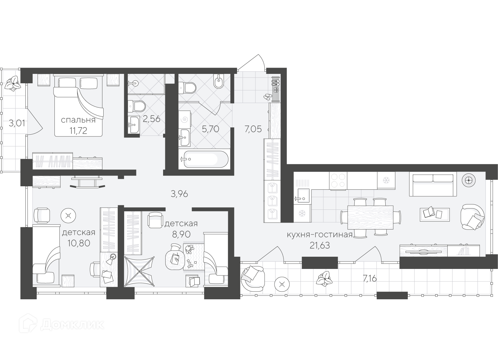 Купить 3-комнатную квартиру, 82.49 м² в ЖК Скандиа.Квартал в Комарово Парк  по адресу Тюмень, улица Василия Малкова, 12, недорого – Домклик